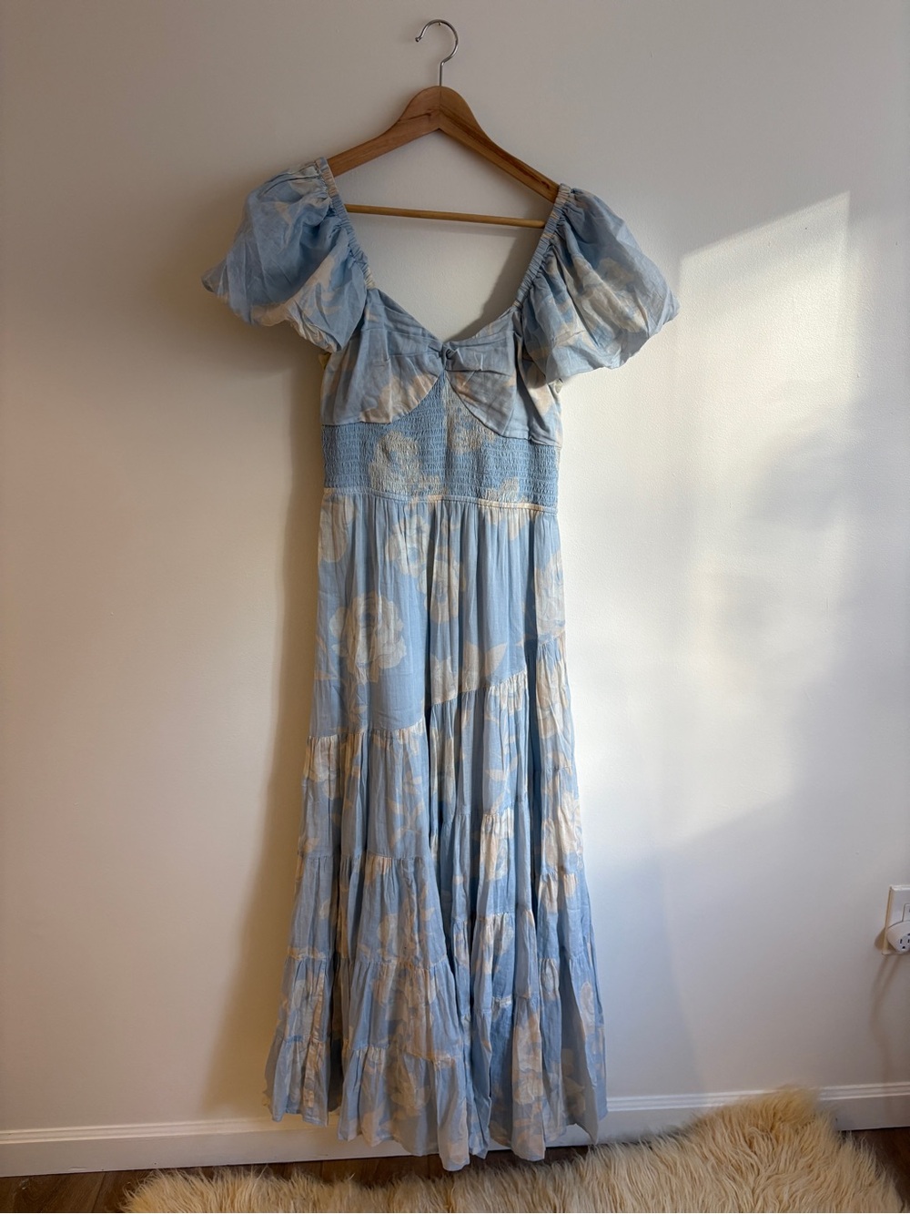 Free People Light Blue and Cream Floral Puff-Sleeve Maxi Dress